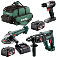 Набор аккумуляторных инструментов Metabo: угловая шлифовальная машина W 18 L BL 9-125, дрель-шуруповерт BS 18 BL, перфоратор KH 18 LTX 24, 2 акб 18 В 4 Ah, з/у SC 36 в сумке